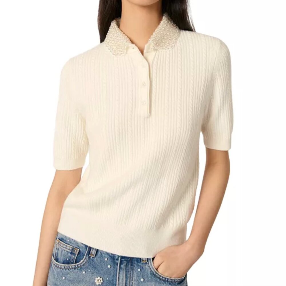 Maje - Removable Jewel Collar Knit Polo Sweater - Size 0